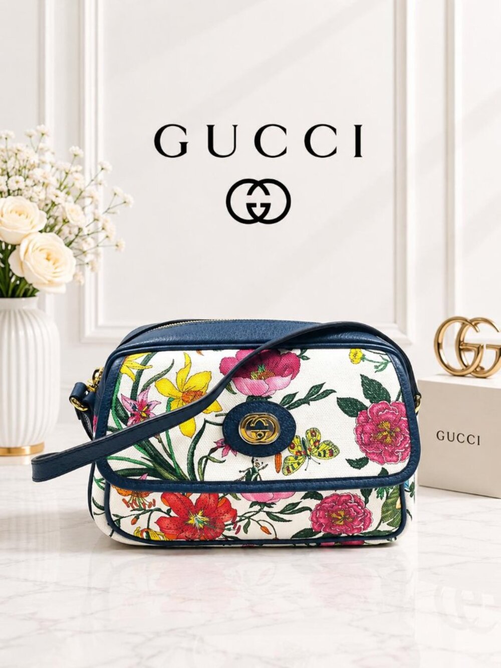 Authentic Gucci Flora Floral Canvas Interlocking GG Navy Leather Crossbody Bag